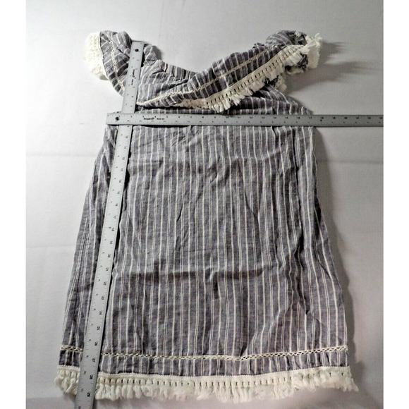 1. State Tunic Small Linen Chambray Off Shoulder Boho Blue White Stripe Cottage - Picture 7 of 12